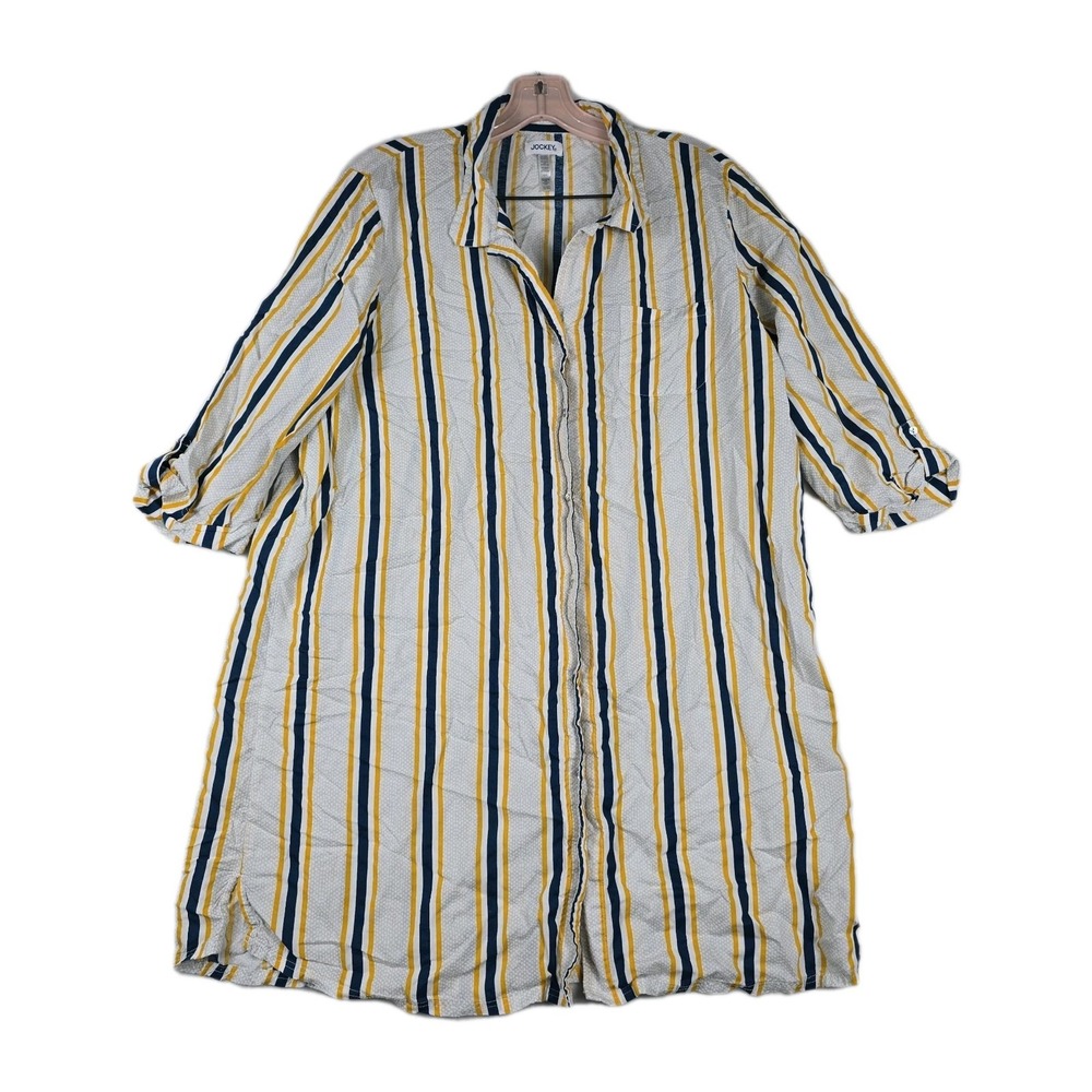 Jockey Women Large Modal Sleep Shirt Navy Yellow White Striped Button Down L/G
